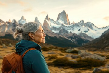 Naklejka premium A woman with a backpack admires the majestic snow-capped mountains during a golden hour hike.