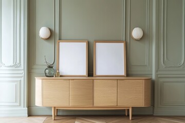 Empty frames on wooden sideboard in green room
