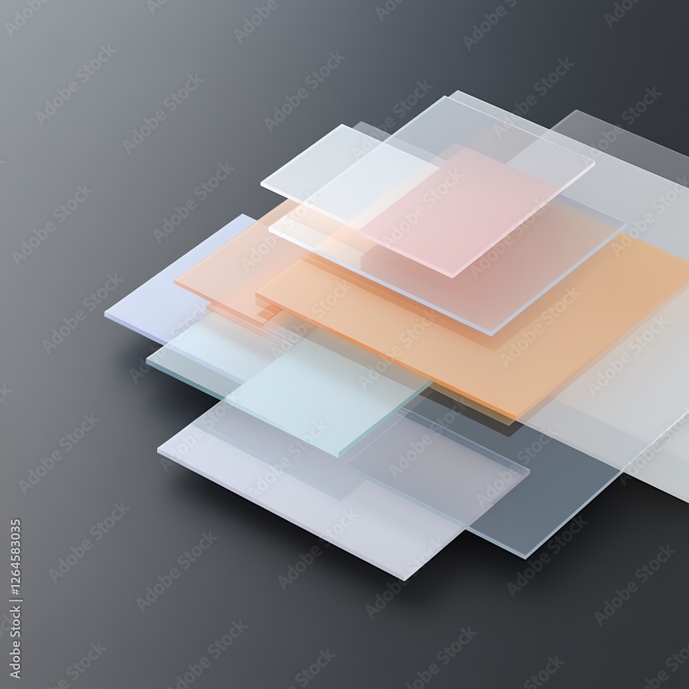Poster abstract layered transparent sheets in various colors on dark background, modern design concept.