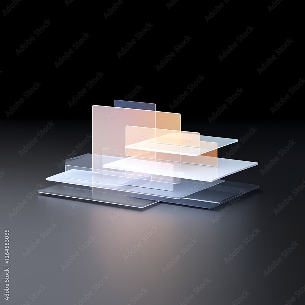 Poster abstract layers of glass arranged geometrically on a dark surface, creating a futuristic and sleek d