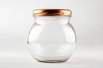 Empty glass jar with copper lid on white background (1)