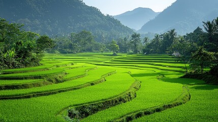 Lush Green Rice Terraces in a Serene Mountain Landscape Under Clear Blue Skies