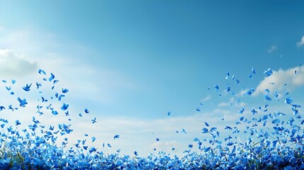 Blue Flowers and Butterflies in a Sunny Sky