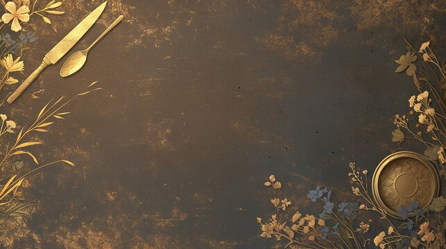 Golden cutlery, plate, and floral accents on a brown textured backdrop