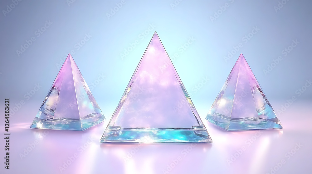 Poster shimmering crystal pyramid trio art display against a gradient background with reflective surface