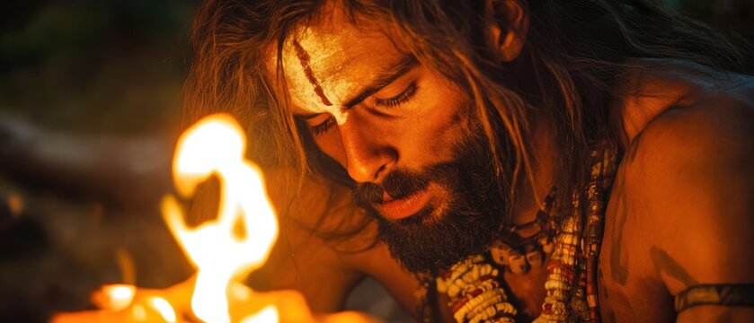 Survival skills in the wild: man creating fire in a primitive setting, showcasing survival techniques and ancient traditions in nature.