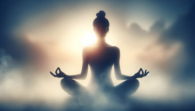 Meditation A serene scene with a person sitting in the lotus position, hands forming a mudra, silhouetted again4