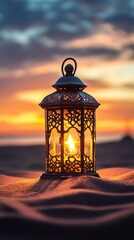 A Lantern Glowing in the Sand in Sunrise or Sunset for Ramadan Mubarak, Muslim Festival Celebration.