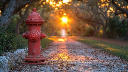 Vibrant sunset illuminating a red fire hydrant along a leaf-strewn path in a tranquil park