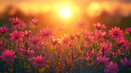 Vibrant field of pink flowers illuminated by a golden sunset, creating a serene atmosphere