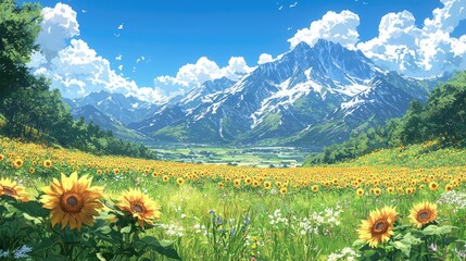 Vibrant sunflower field under a clear blue sky with majestic mountains in the background