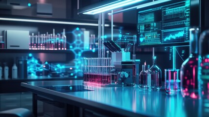 Modern science laboratory with advanced equipment and glowing pink and blue liquids.