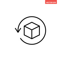 Black single rotating 3D cube model line icon, simple virtual reality flat design illustration pictogram for infographic interface elements for app logo web button ui isolated on white background