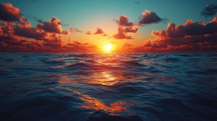 Vibrant sunset over calm ocean waters with colorful clouds reflecting in the sky