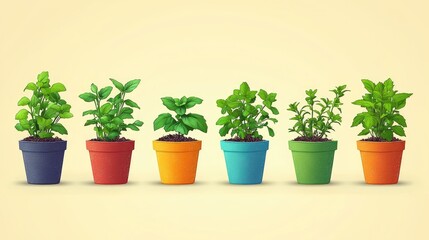 Obraz premium Vibrant potted herbs in colorful pots on a soft background, showcasing gardening and nature