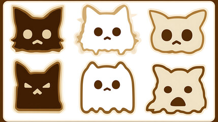 Six Unique Cat Character Designs Depicting Varied Emotional States in a Graphic Cartoon Style