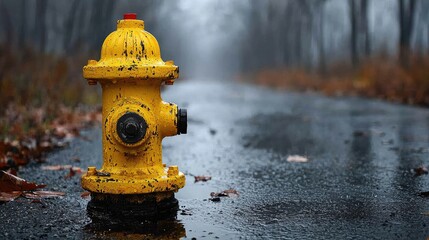 Bright yellow fire hydrant standing on a rainy road surrounded by foggy trees in the background