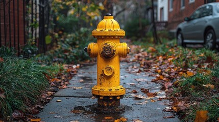 Bright yellow fire hydrant standing on a wet sidewalk surrounded by autumn leaves in a residential area
