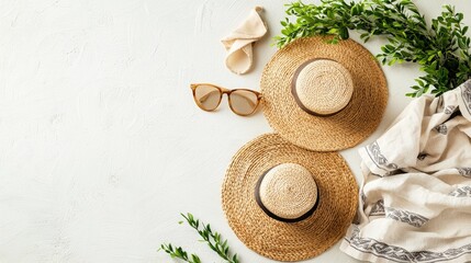 Summer accessories laid out on a light background, featuring hats, sunglasses, and greenery