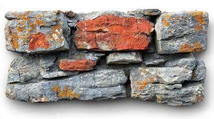 Close-up view of textured stone wall featuring colorful lichen and moss, ideal for backgrounds