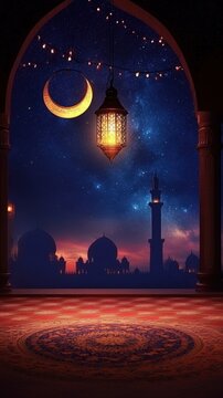 A Crescent Moon Over Mosque with Lantern Decoration for Ramadan Mubarak, Muslim Holy Month of Celebration Night Photo.