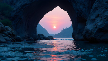 Mystical Rock Arch Gateway Above Ancient River Under Moonlit Sky