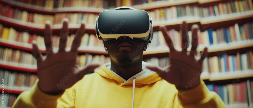 Poster virtual reality experience: user engaged in interactive vr gaming in a library setting with hands ra