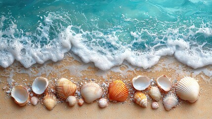Colorful seashells scattered on a sandy beach with gentle waves lapping at the shore