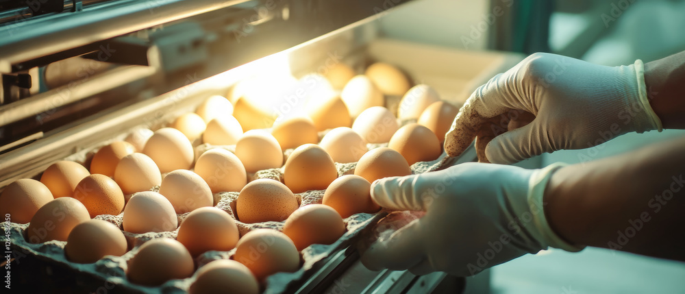 Poster calibrating eggs with precision in bright sunlight using high-quality machinery for optimal presenta