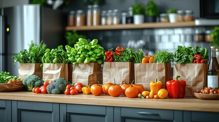 Fresh vegetables and herbs arranged in paper bags on a kitchen counter with a modern backdrop