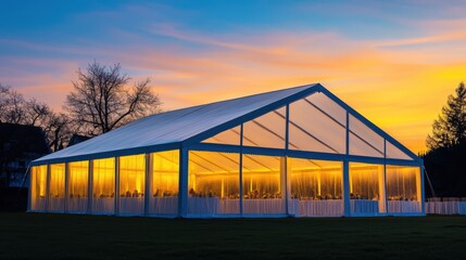 Obraz premium Wedding tent with illuminated interior at sunset, outdoor event space, clear span marquee for parties, celebrations, and receptions in beautiful scenery.