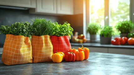 Fresh vegetables and herbs in colorful bags on a kitchen countertop with sunlight streaming in
