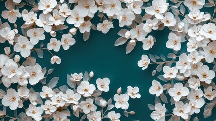 White Flower Border Frame on Teal Background for Spring Decor, Floral Designs, Wedding Invitations, and Nature-Themed Illustrations