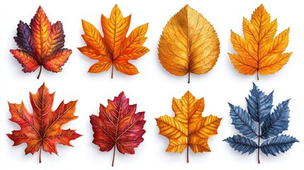 Colorful assortment of autumn leaves arranged artistically on a white background