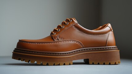 Stylish brown leather shoes with rugged soles displayed on a neutral background