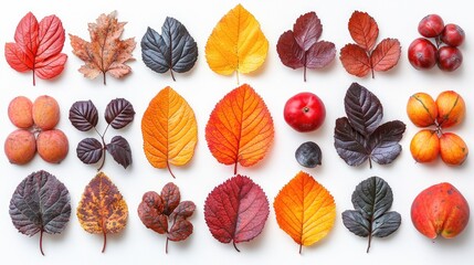 A vibrant collection of autumn leaves and fruits arranged artistically on a white background