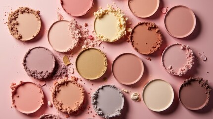 A set of pastel-colored eyeshadow pans arranged in a circular pattern with soft natural lighting, showcasing vibrant colors and smooth textures. Perfect for beauty and artistic concepts.