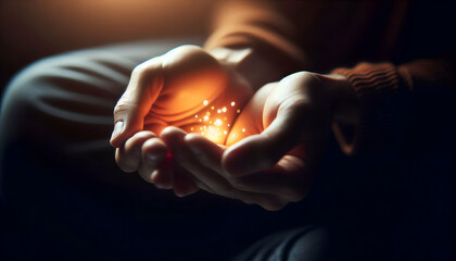 Meditation A close-up of two hands gently cradling a small, glowing light, palms open and fingers curved to cre2