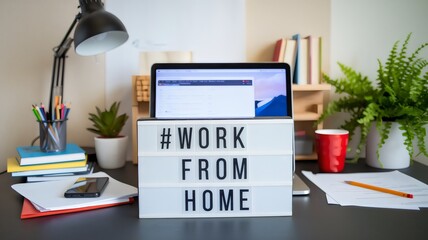 Fototapeta premium Arbeitsplatz zu Hause mit Schild work from home