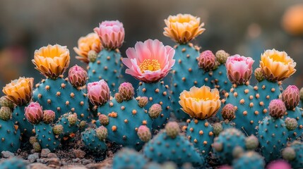 Vibrant blooming cacti with colorful flowers in a natural desert landscape under soft sunlight