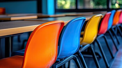 Colorful plastic chairs lined up in a modern classroom with large windows and greenery outside