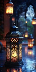 Fototapeta premium A Lantern Lit on Table in Room for Ramadan Mubarak, Islamic Festival Celebration.