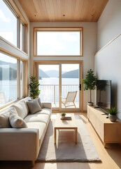 Fototapeta premium A Cabin interior in white and wooden with perspective viewing the entire space, view of the ocean