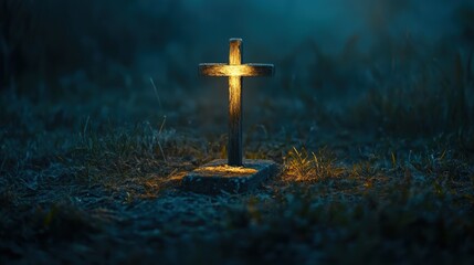 Wooden cross illuminated at dusk, cemetery highlight, spiritual symbolism, faith imagery, religious memorial, tranquility in nature, evening light scene