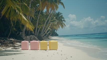 Colorful luggage on a serene beach with palm trees and a clear blue sky in the background