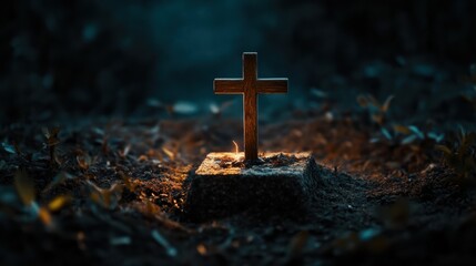 Wooden Cross Illuminated at Night in a Graveyard - Spiritual Symbolism and Faith Conceptual Image for Religion and Remembrance Themes