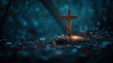 Wooden Cross in Dark Forest with Soft Light, Symbolizing Faith, Hope, and Peace in Nature, Spirituality and Christianity Conceptual Image