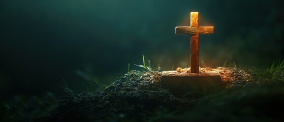 Wooden cross in serene forest lighting, symbolic Christian grave marker with candle glowing, peaceful atmosphere for spiritual and reflective themes