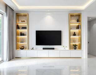 A Tv cabinet design with marble on wall paneling and gold shelf.