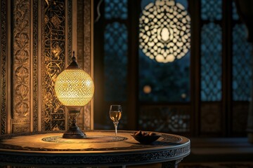 Illuminated Lantern in Front of a Window with a Full Moon Ramadan Night Photo.